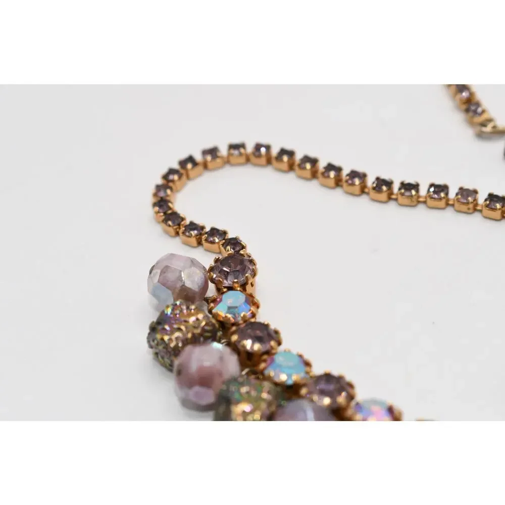 Vintage AB Rhinestone Art Glass Dangle Choker Necklace 15 Inch